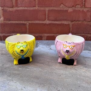 Tom Hatton Signed Tea Cups / 1980's Hand Painted/ Pink & Yellow Cats/Vintage